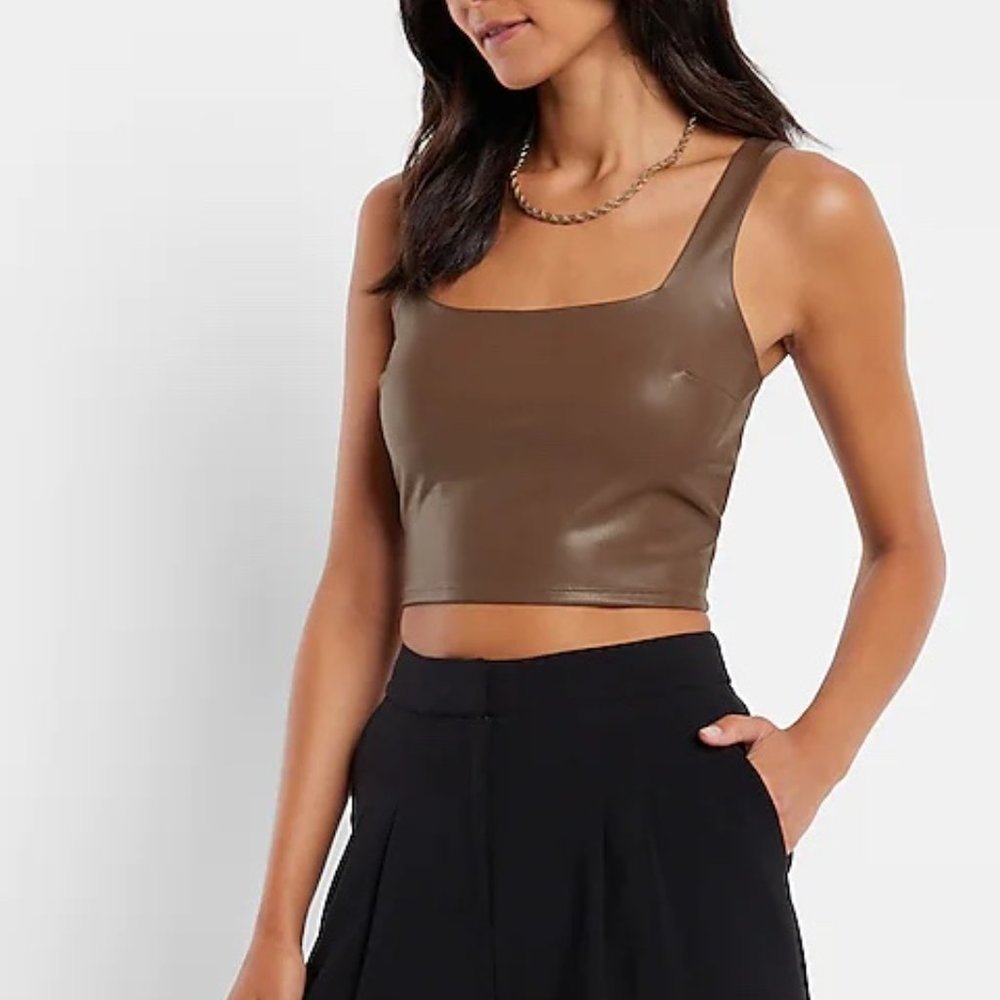 Express Body Contour Faux Leather Square Neck Cropped Tank XS